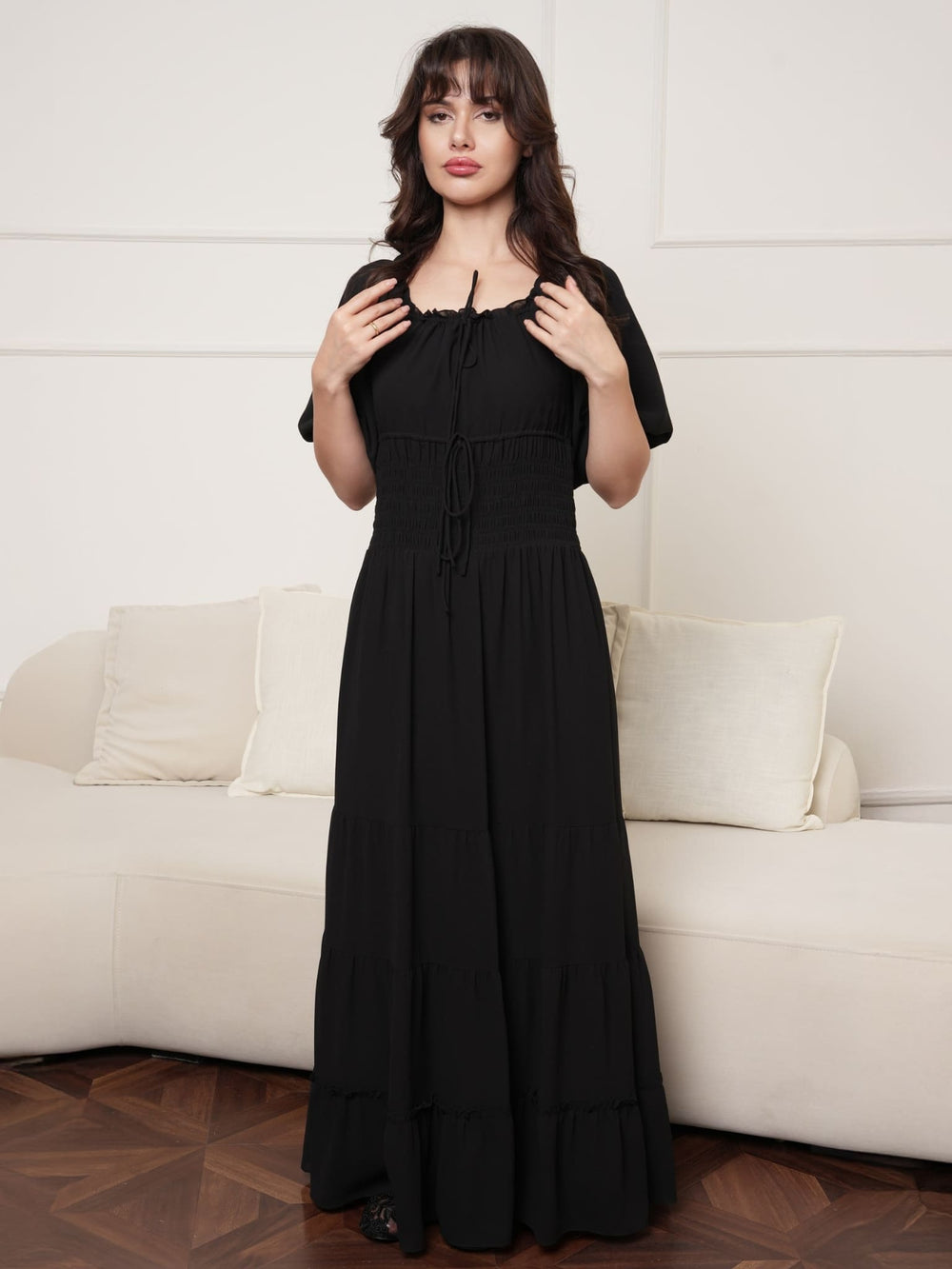 Sebastian Black Smocked Long Dress