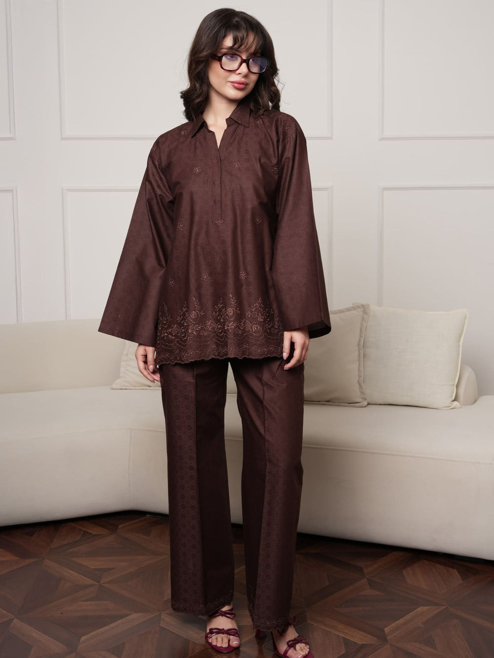 Mocha Brown Embroidered Pant