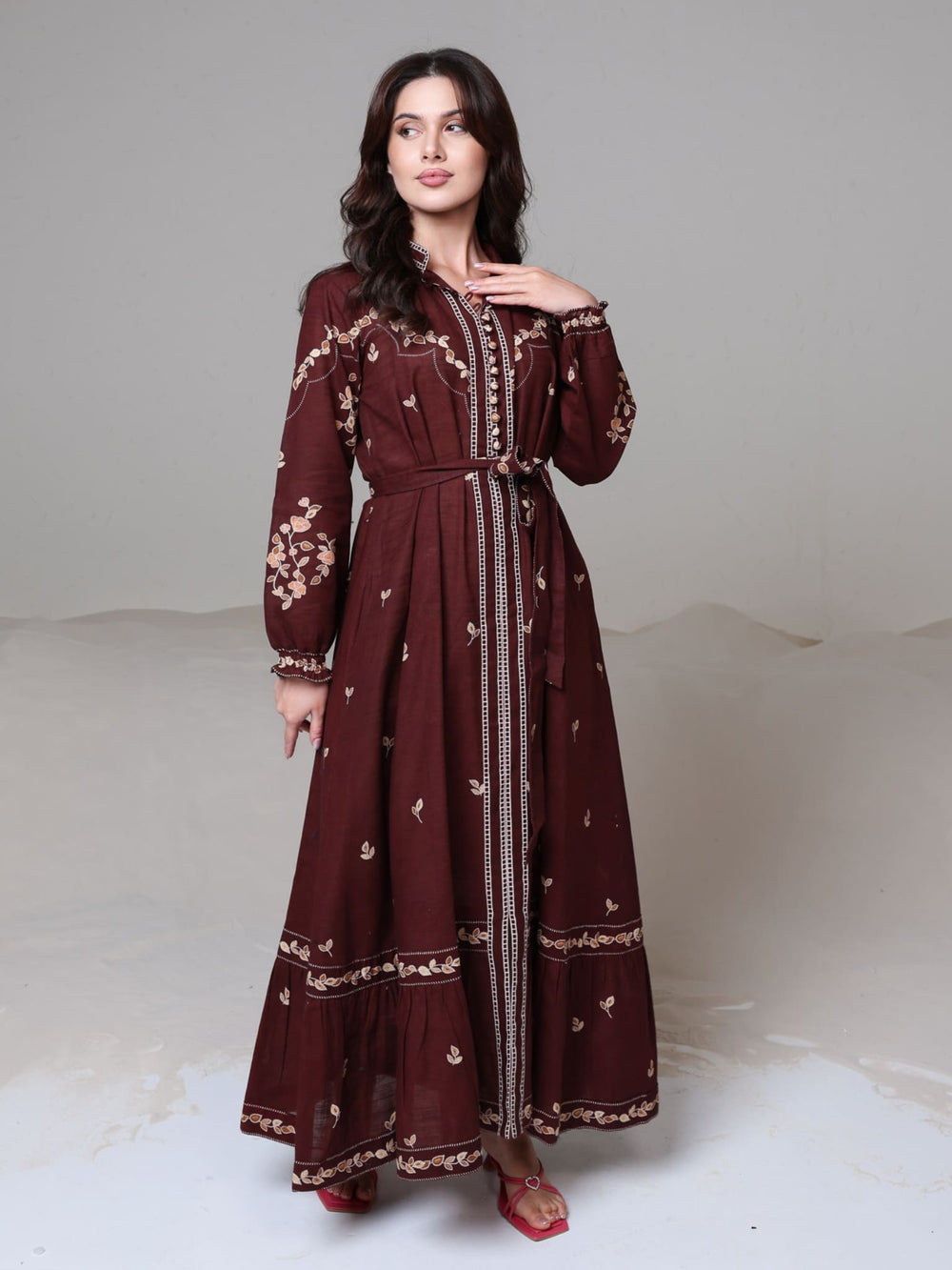 Rubin Brown Leaf Pattern Dress