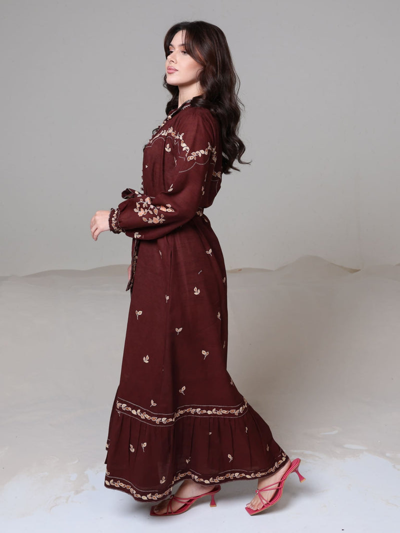 Rubin Brown Leaf Pattern Dress