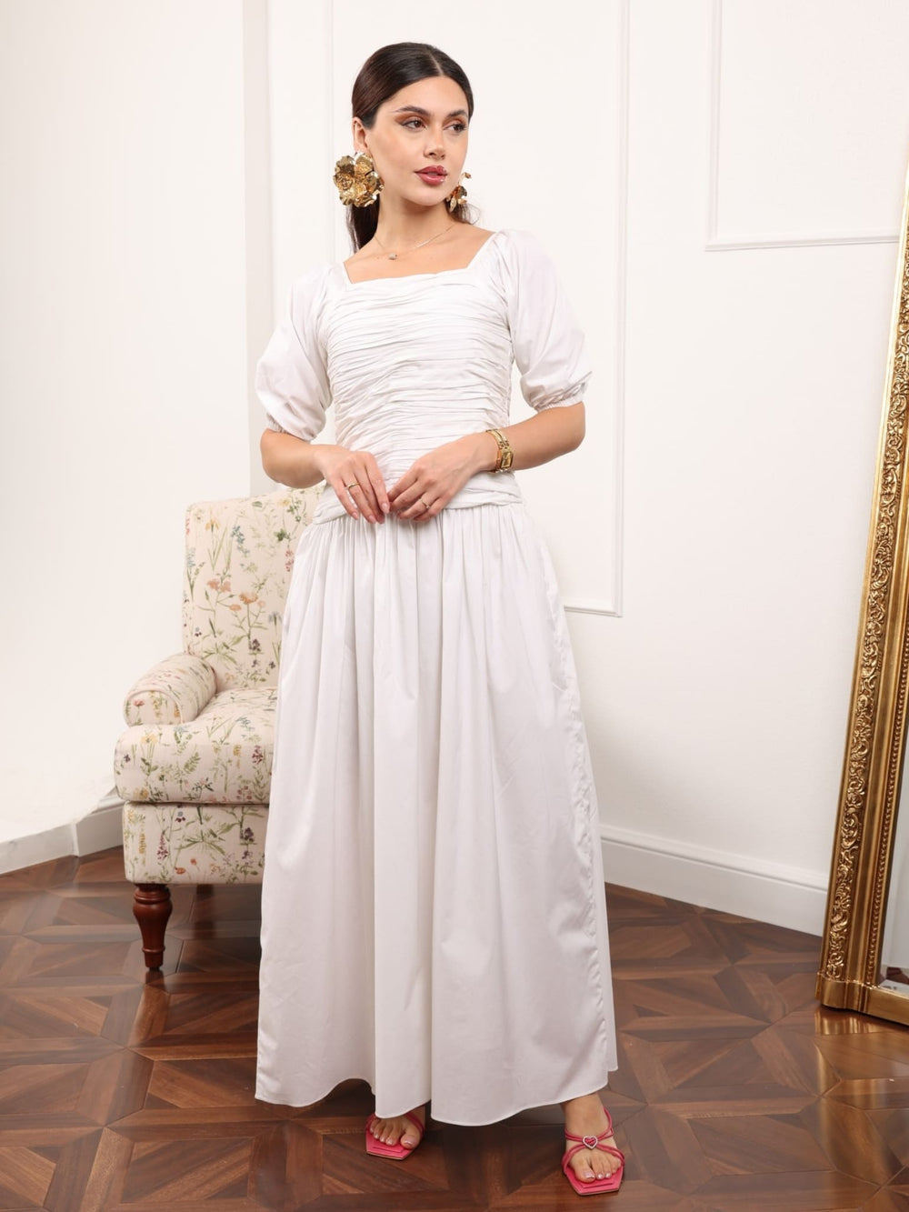 Winnie White Cotton Poplin Gathered Dress