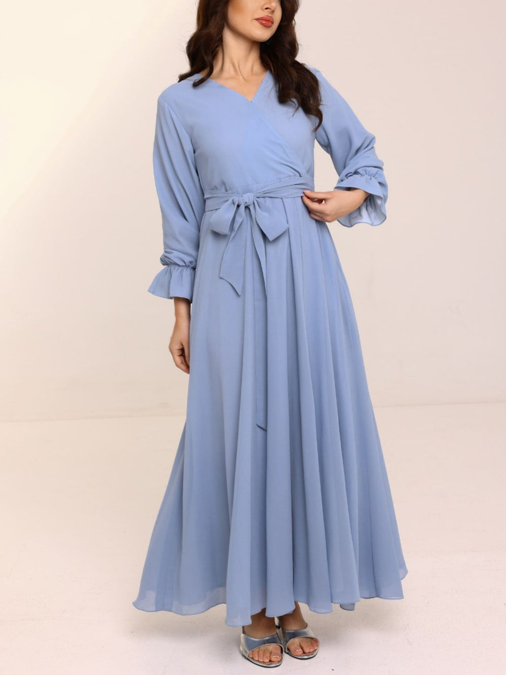 Mysha Blue Solid Chiffon Long Dress