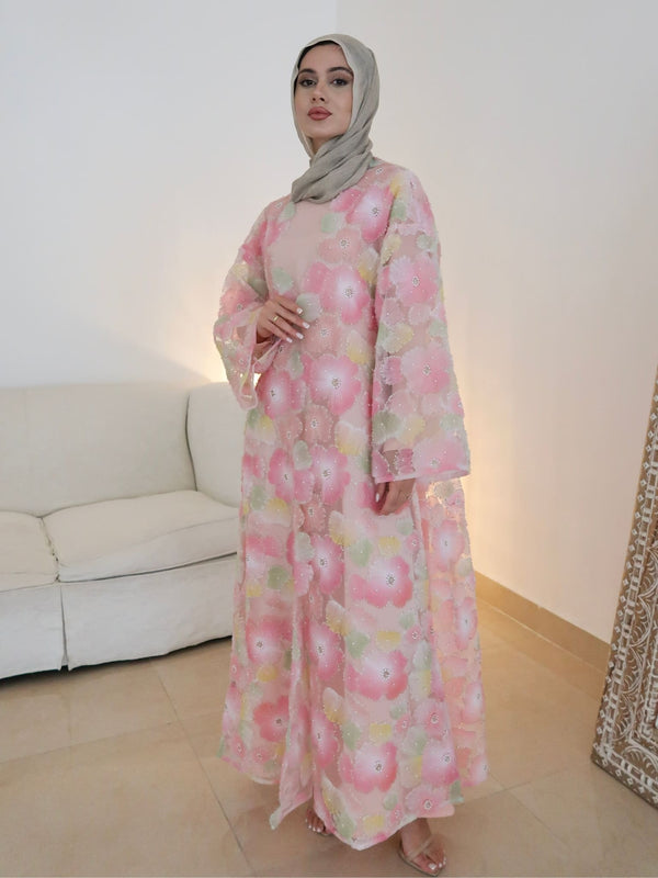 pastel abaya dress Sofiya Kimono Feather Abaya -Pastel Mint | Size 56 | Crepe Satin Polyester Blend, Luxurious Sheen, Delicate Feather Trim