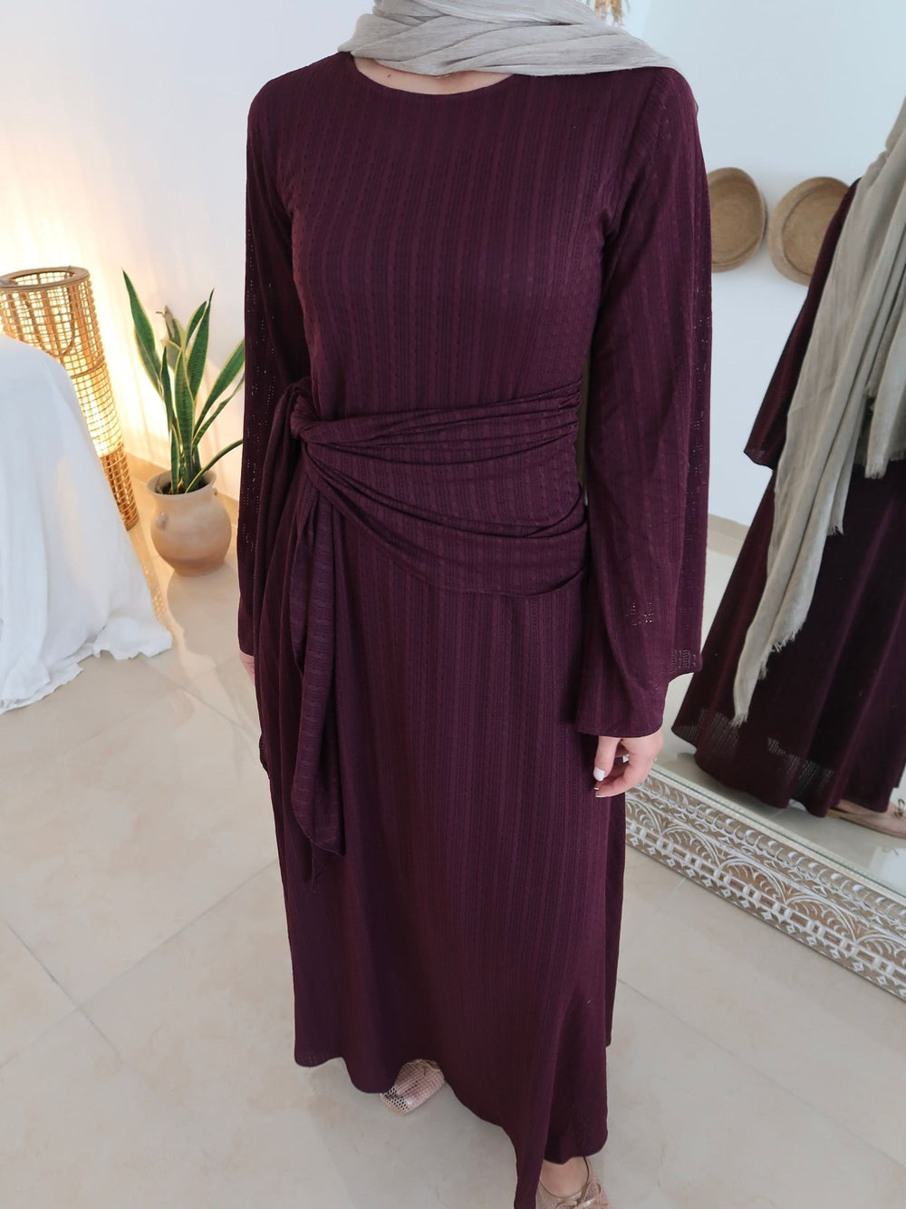 Rome Plum Crochet Long Dress With Scarf