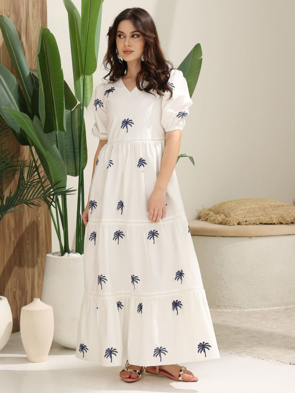 Hia White Embroidered Palm Tree Dress