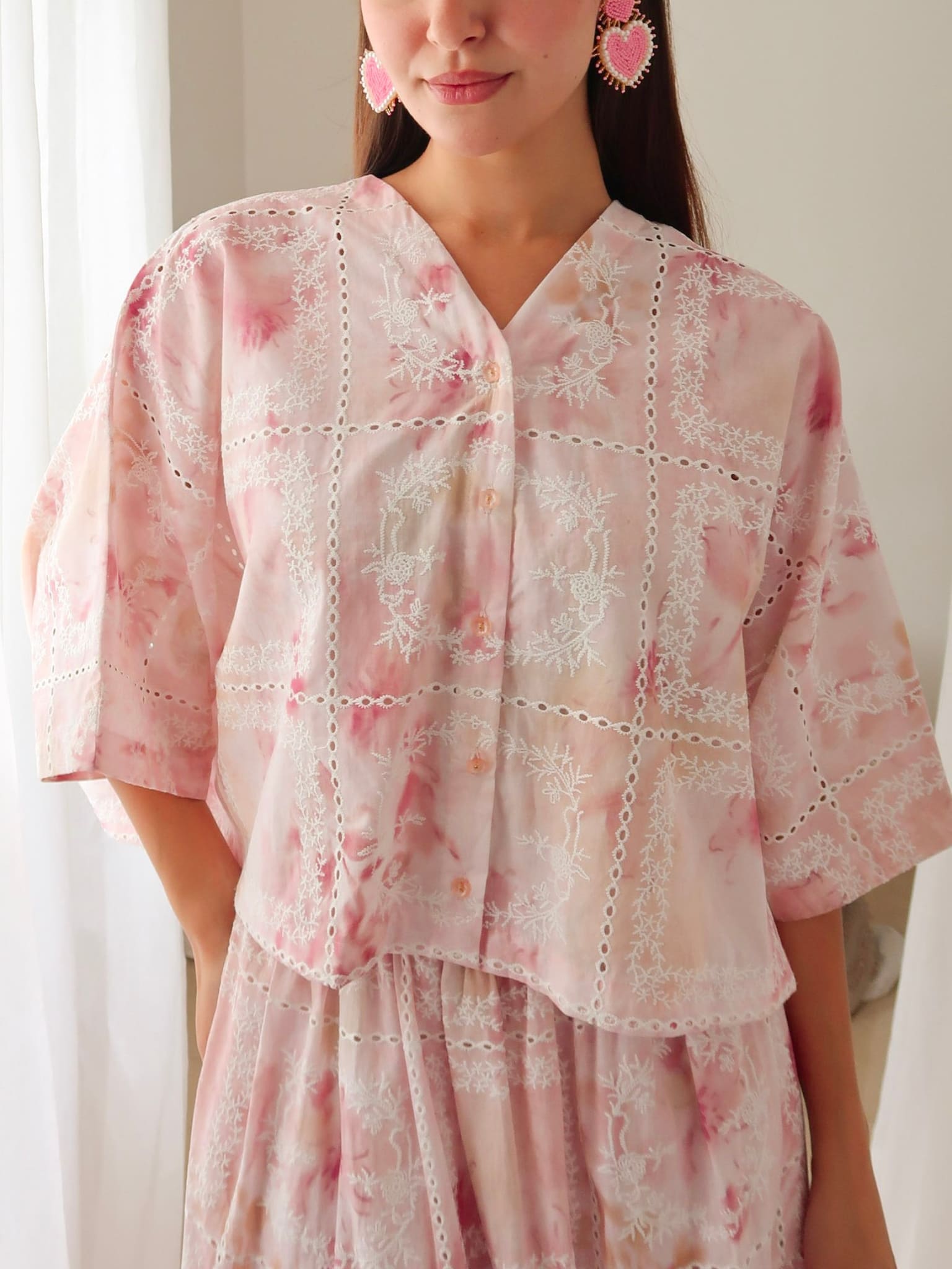 Rosalind Pink Embroidered Cutwork Shirt