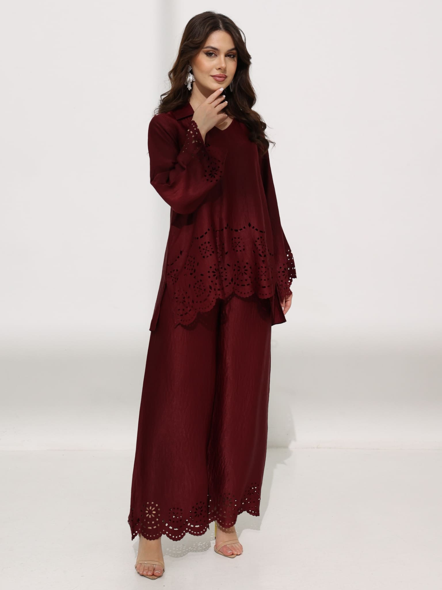 Eloise Soft Silk Maroon Cutwork Pants