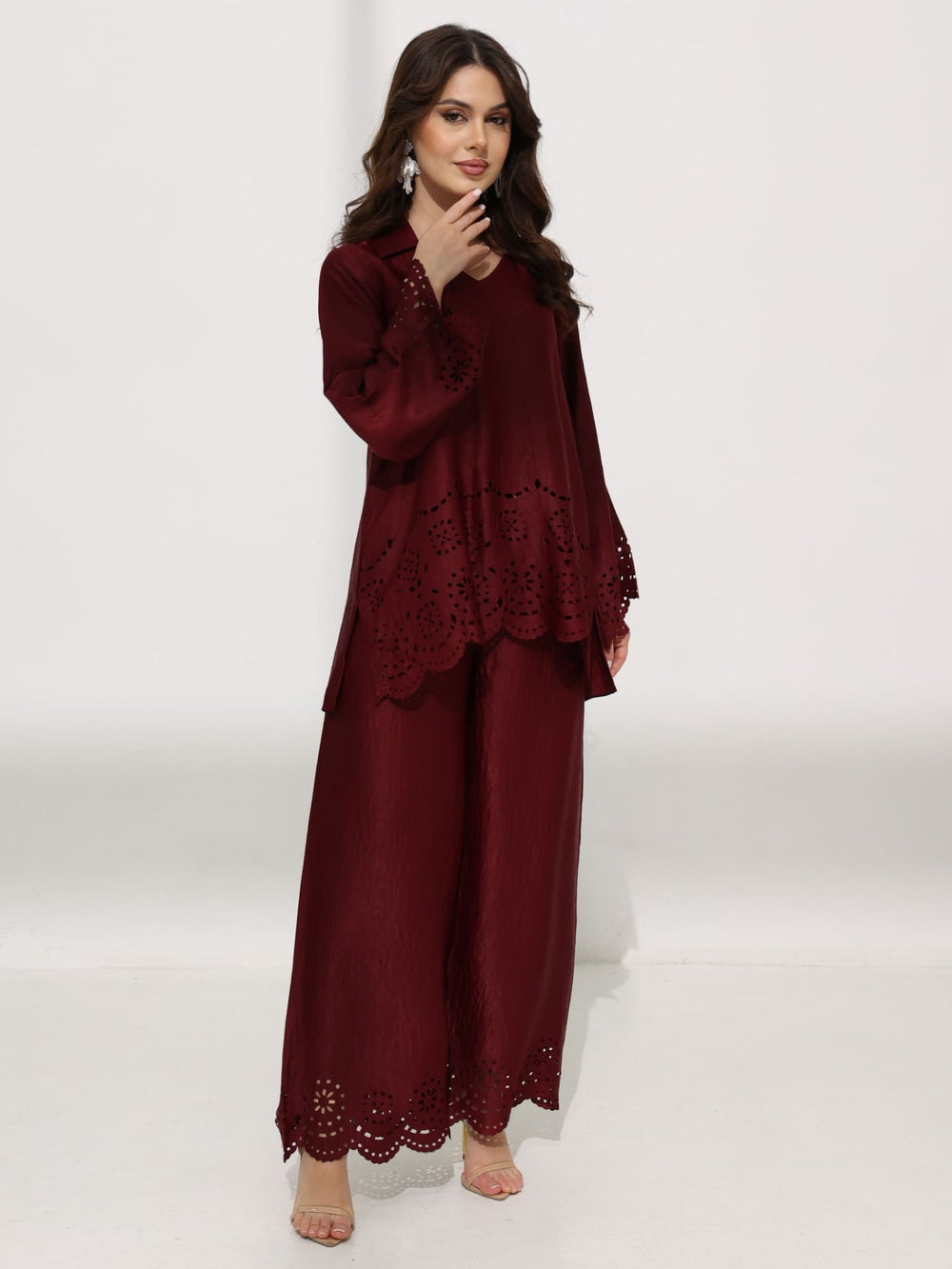 Eloise Soft Silk Maroon Cutwork Pants