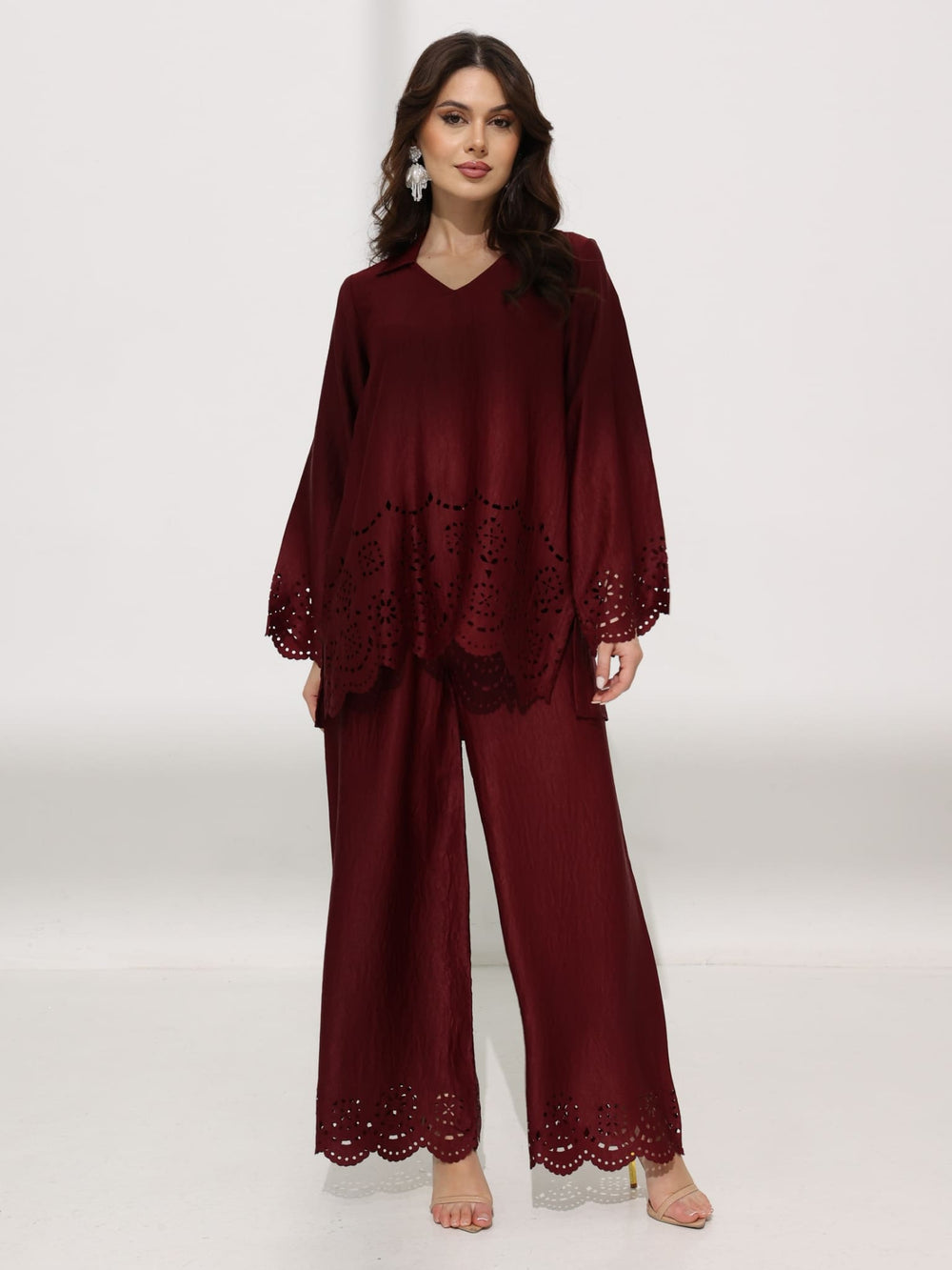 Eloise Soft Silk Maroon Cutwork Shirt
