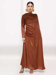 Mirena Brown Soft Silk Long Drape Dress