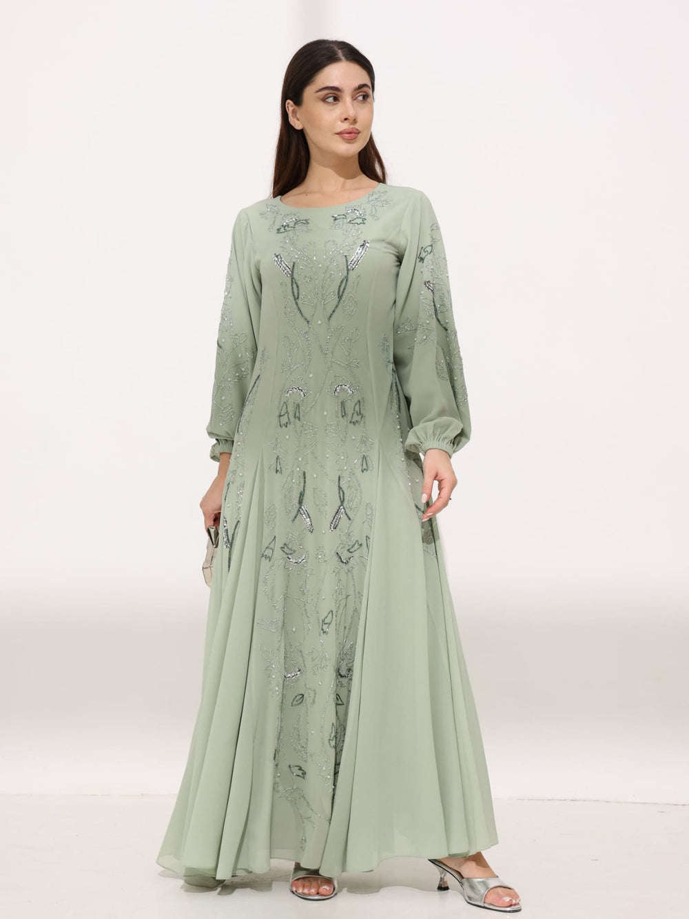 Estra Pastel Green Luxury Embellished Long Dress