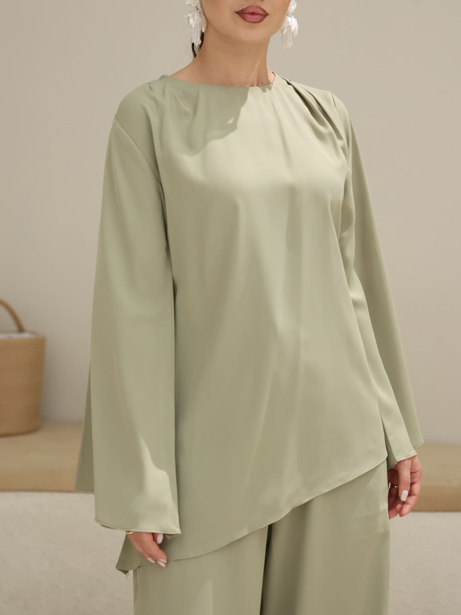 Marren Sage Asymmetric Pleat Shirt
