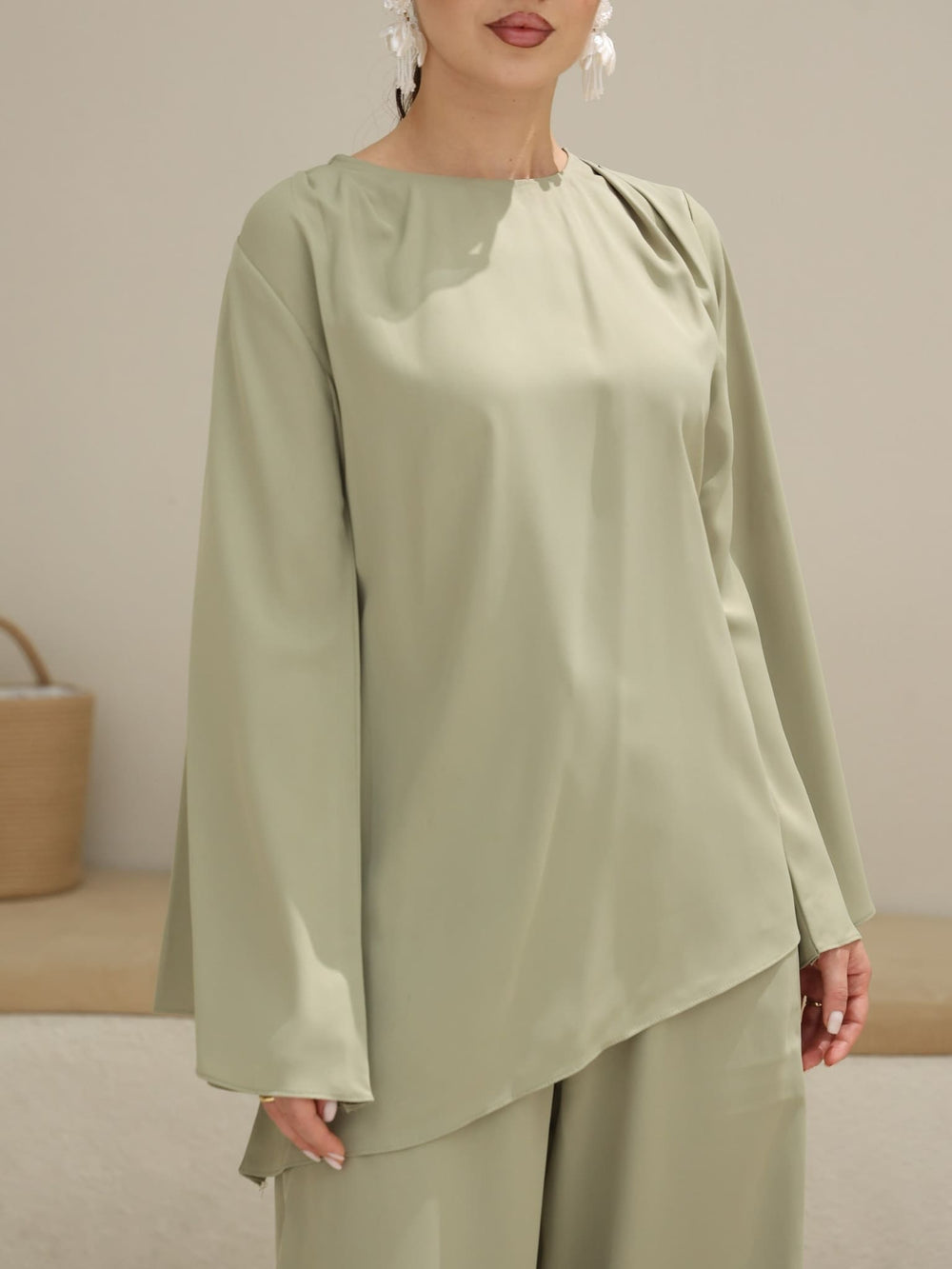 Marren Sage Asymmetric Pleat Shirt