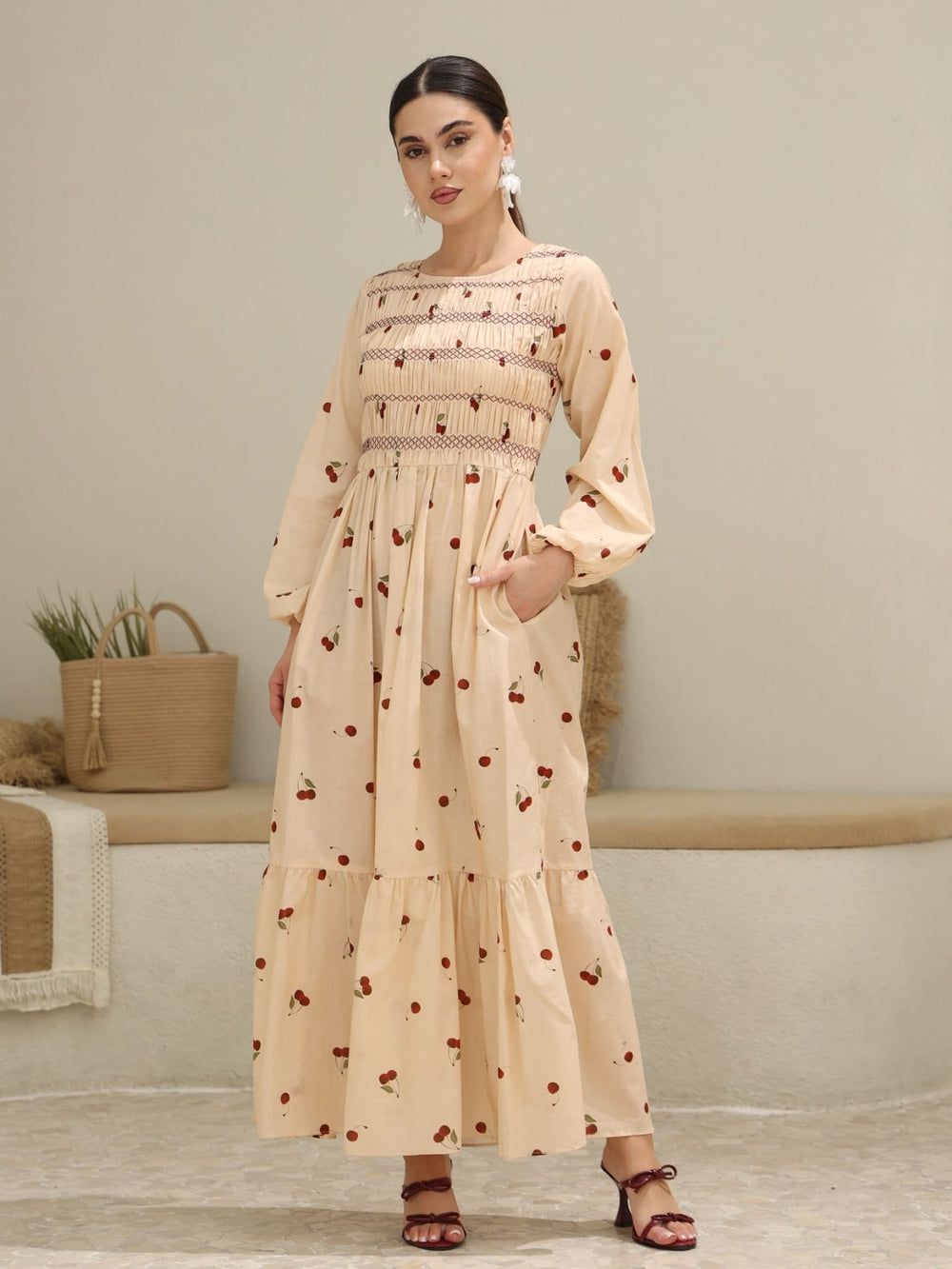 Cherry Luxe Smocked Printed Summer Dress