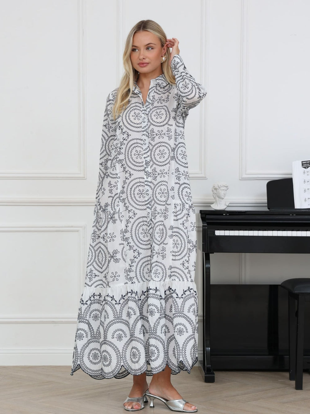 Emfer Blue And White Embroidered Long Dress