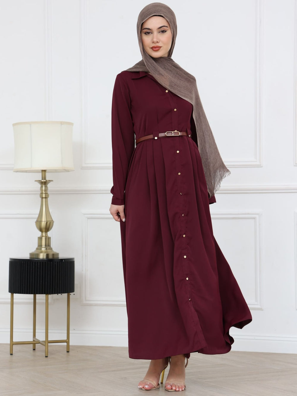 Viella Pleat Dress With Brown Buckle Belt