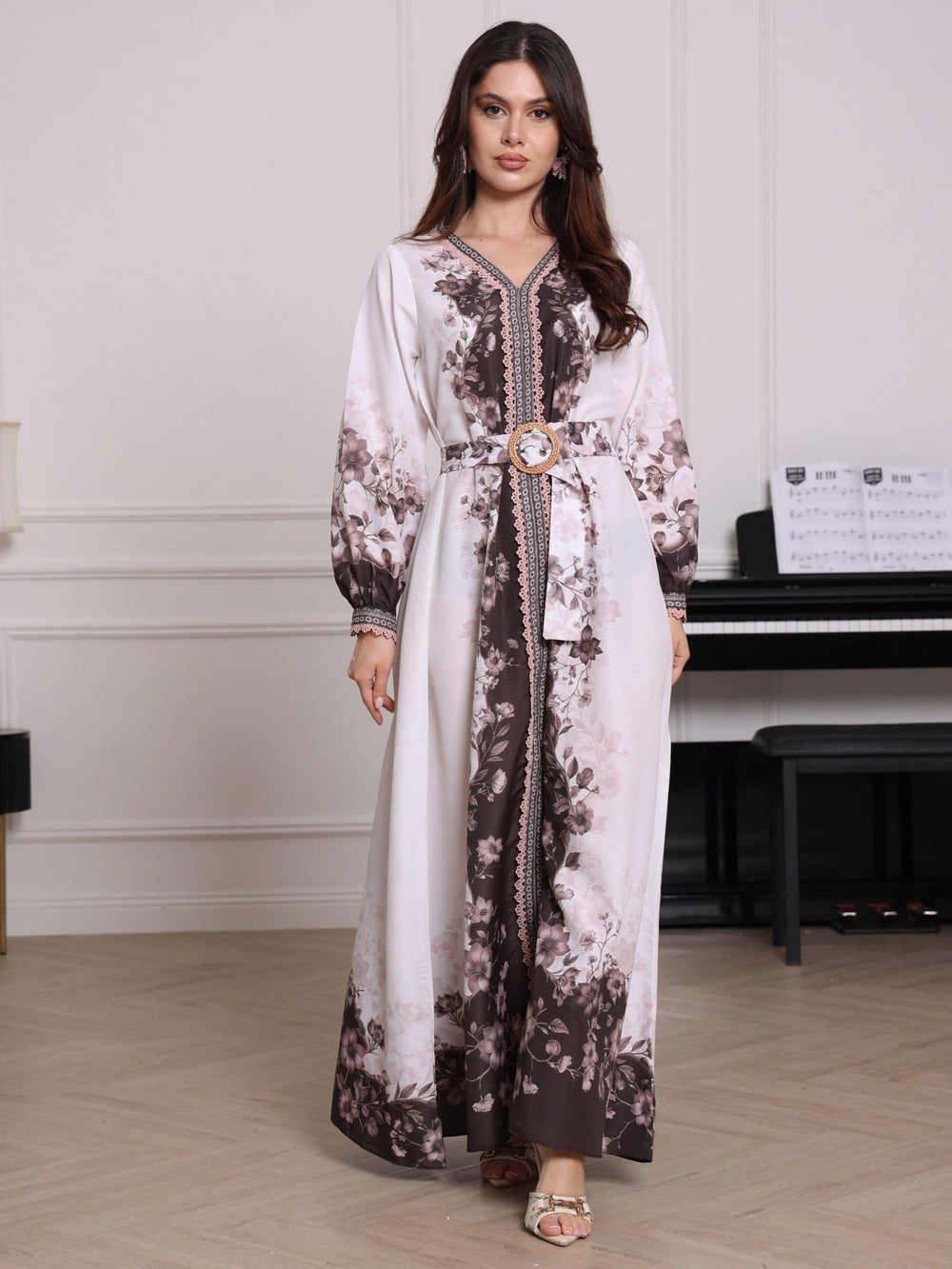 Mirelle Black And White Floral Long Dress With Belt