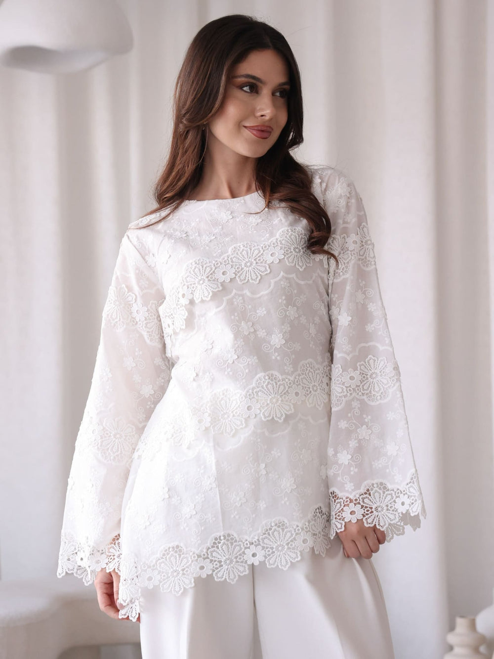 Mikami White Embroidered Lace Shirt