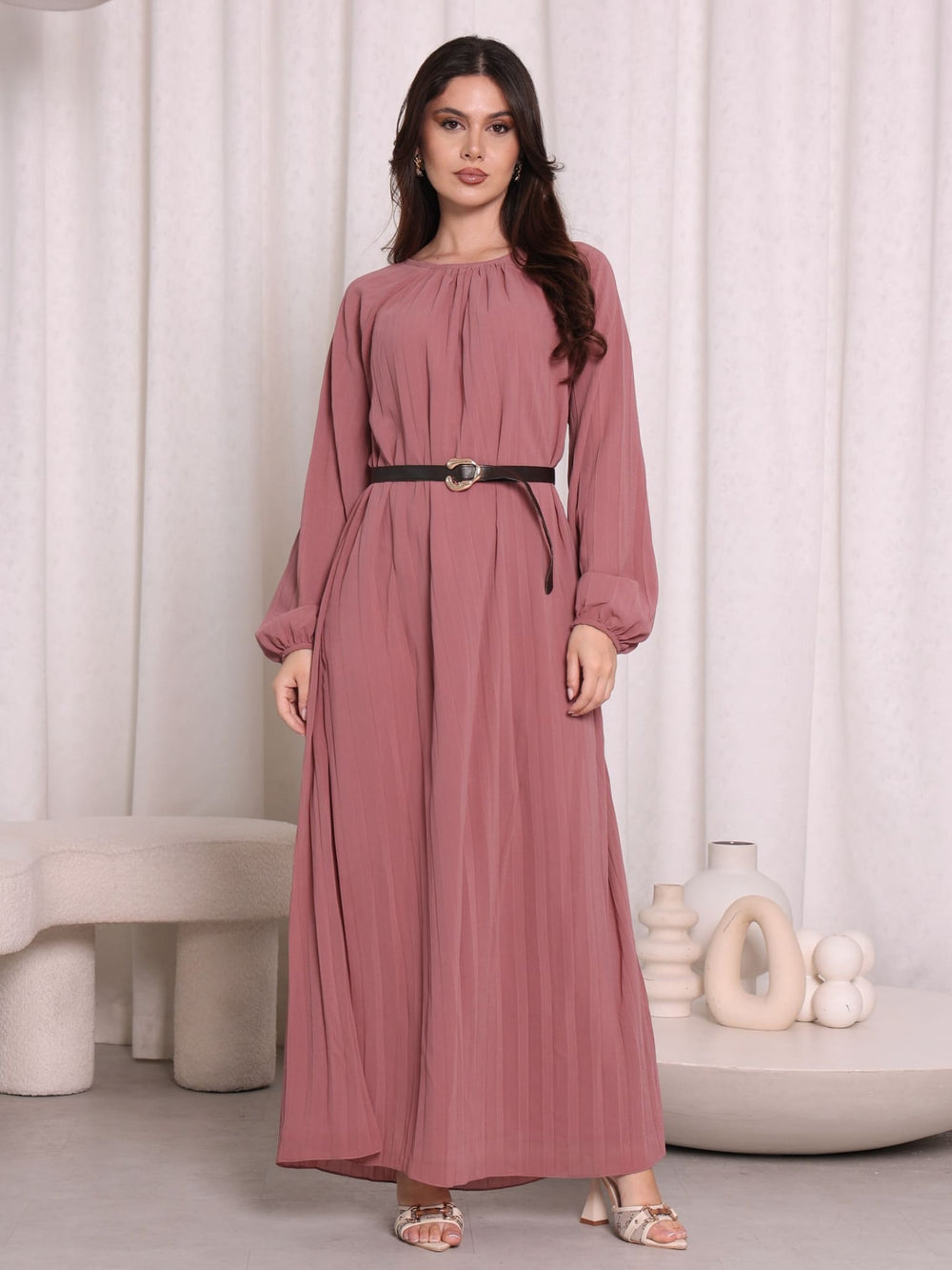 Erin Pleated Mauve Dress With Leather Belt