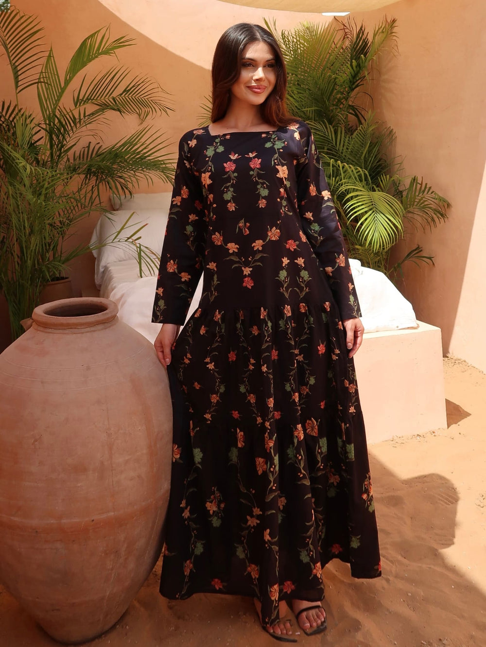 Yelena Black Floral Cotton Long Dress