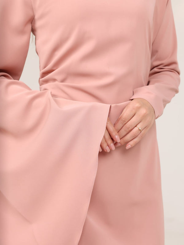 pink buckle dress COCKTAIL RUFFLE SLEEVES MIDI DRESS WITH GOLD BUCKLE ACCENT (SOFT PINK) Dress Code Chic Official
