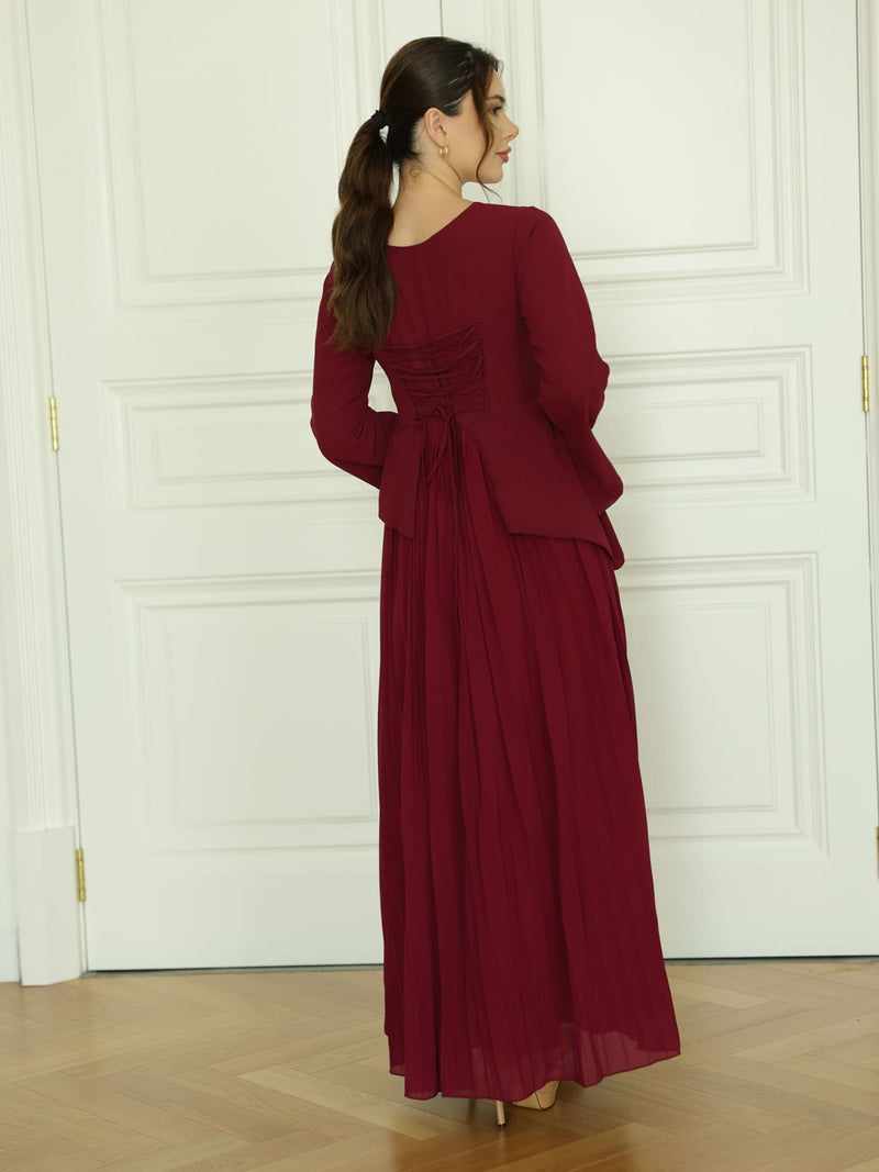 Celestine Maroon Pleated Long Dress