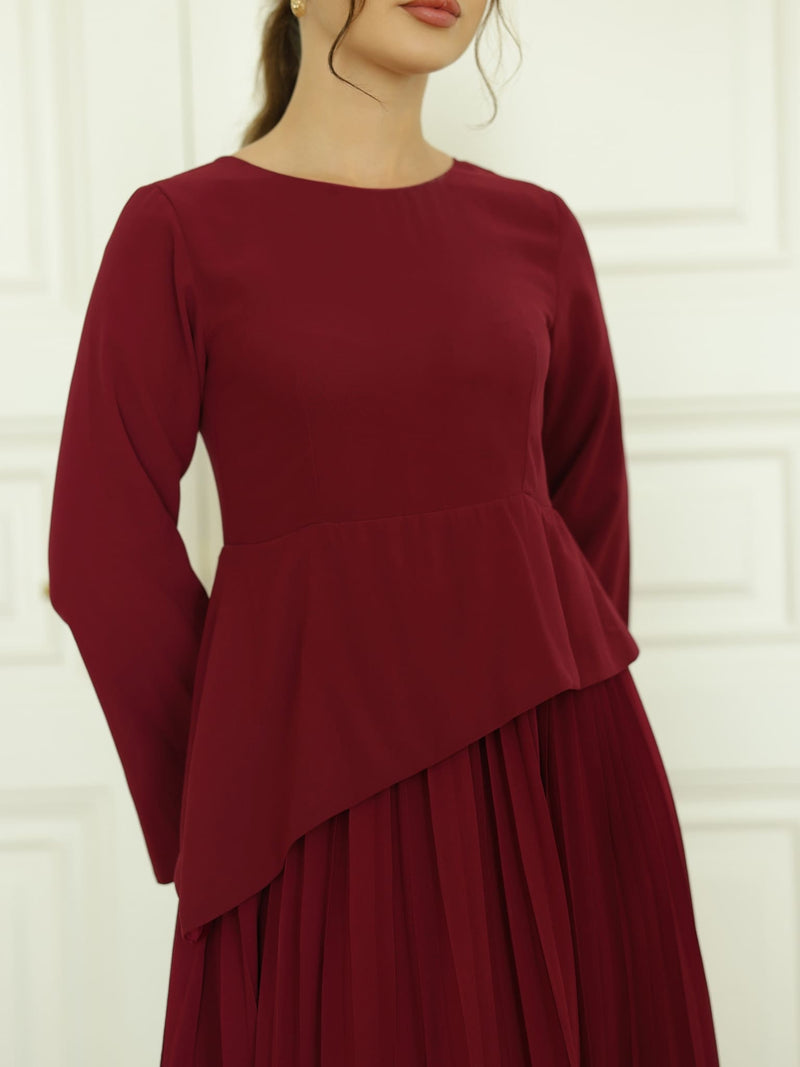 Celestine Maroon Pleated Long Dress