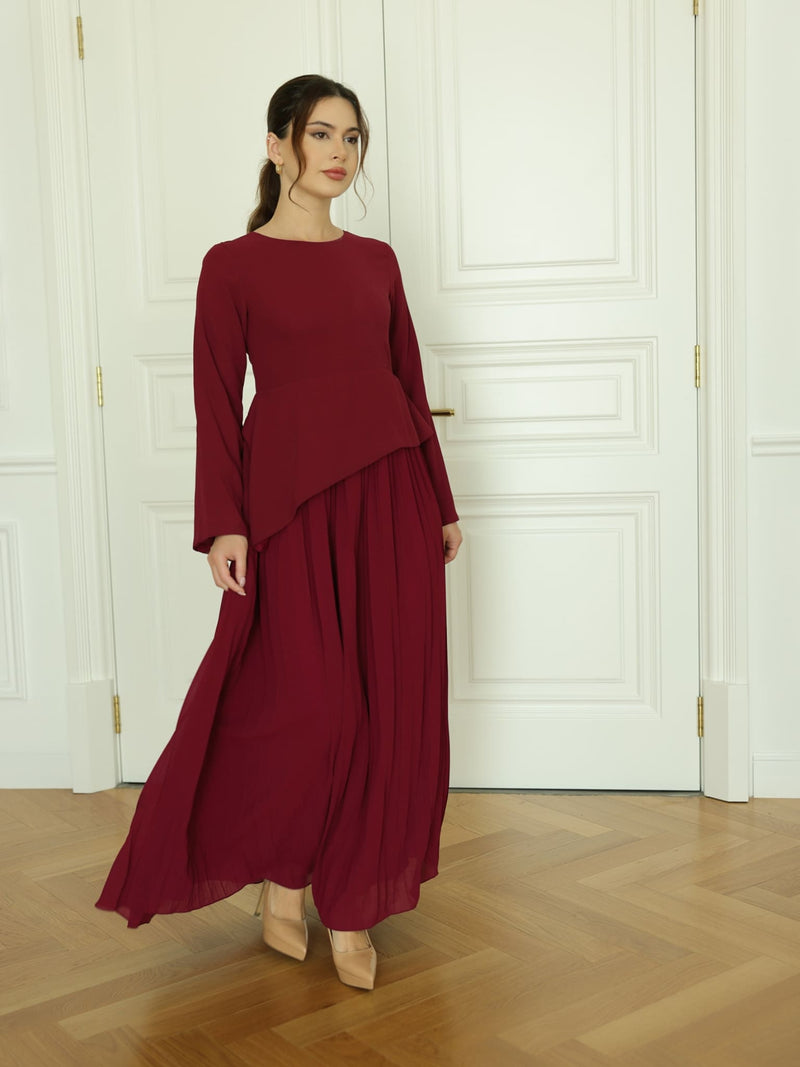 Celestine Maroon Pleated Long Dress