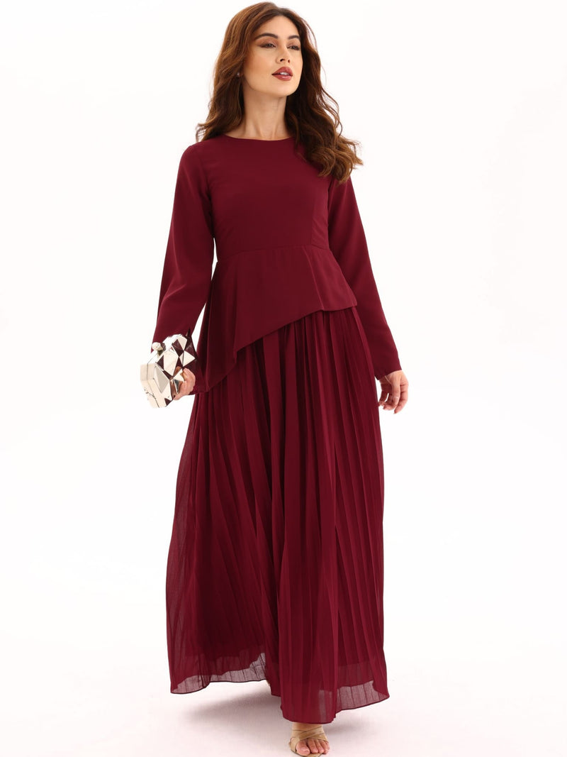 Celestine Maroon Pleated Long Dress