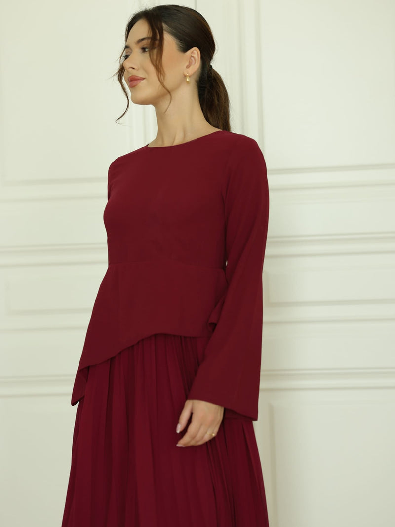 Celestine Maroon Pleated Long Dress