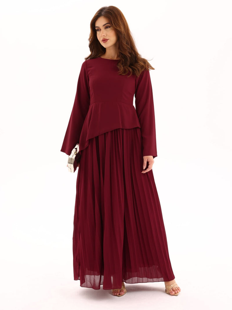 Celestine Maroon Pleated Long Dress