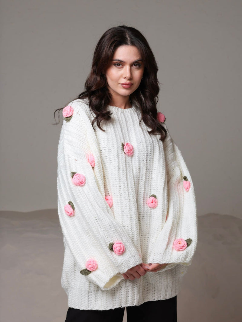 Love Loom Hand Knitted 3D Floral Sweater