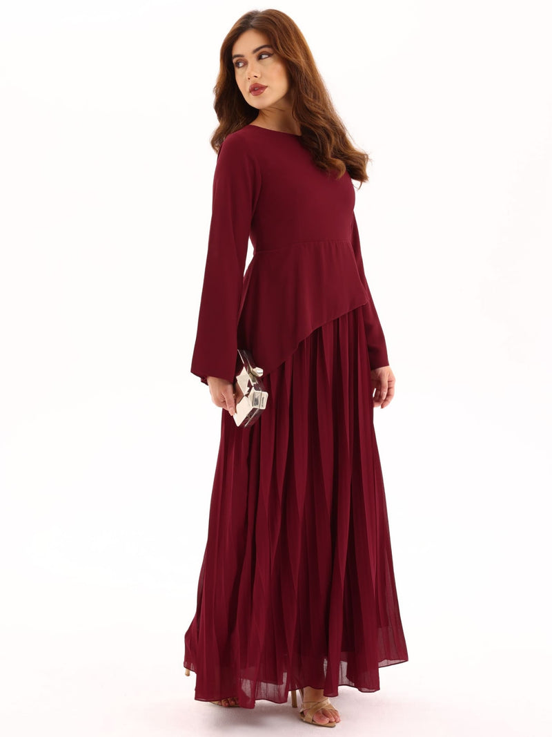 Celestine Maroon Pleated Long Dress