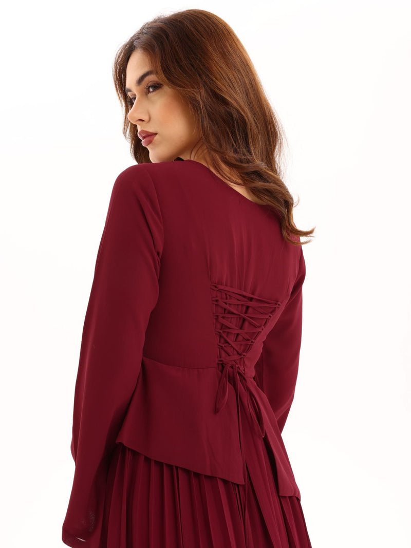 Celestine Maroon Pleated Long Dress