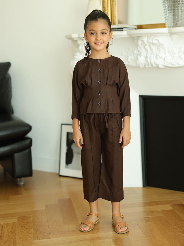 Mini Henley Brown Co Ord Set For Girls