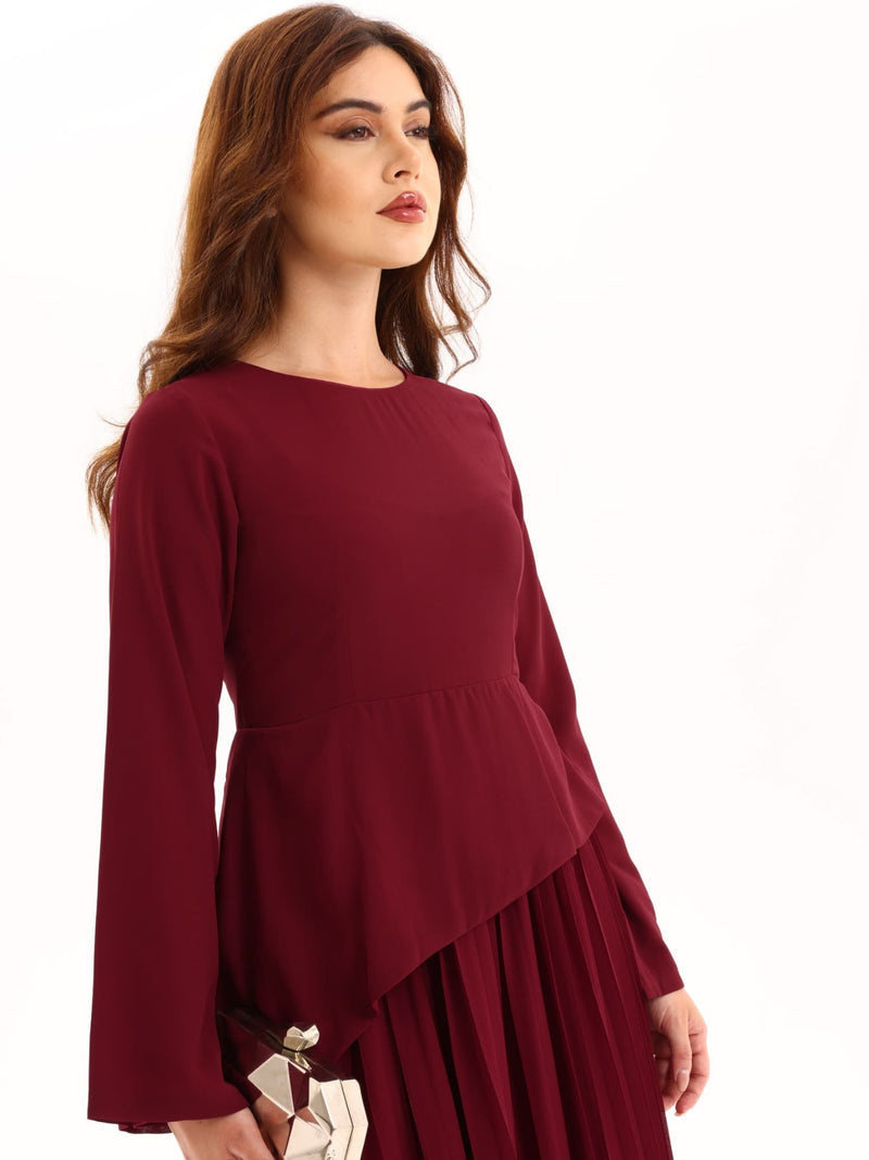 Celestine Maroon Pleated Long Dress