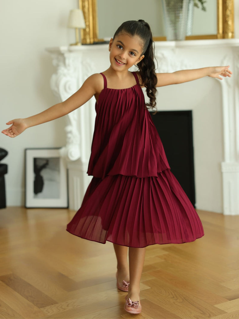 Mini Celestine Maroon Pleated Dress For Girls