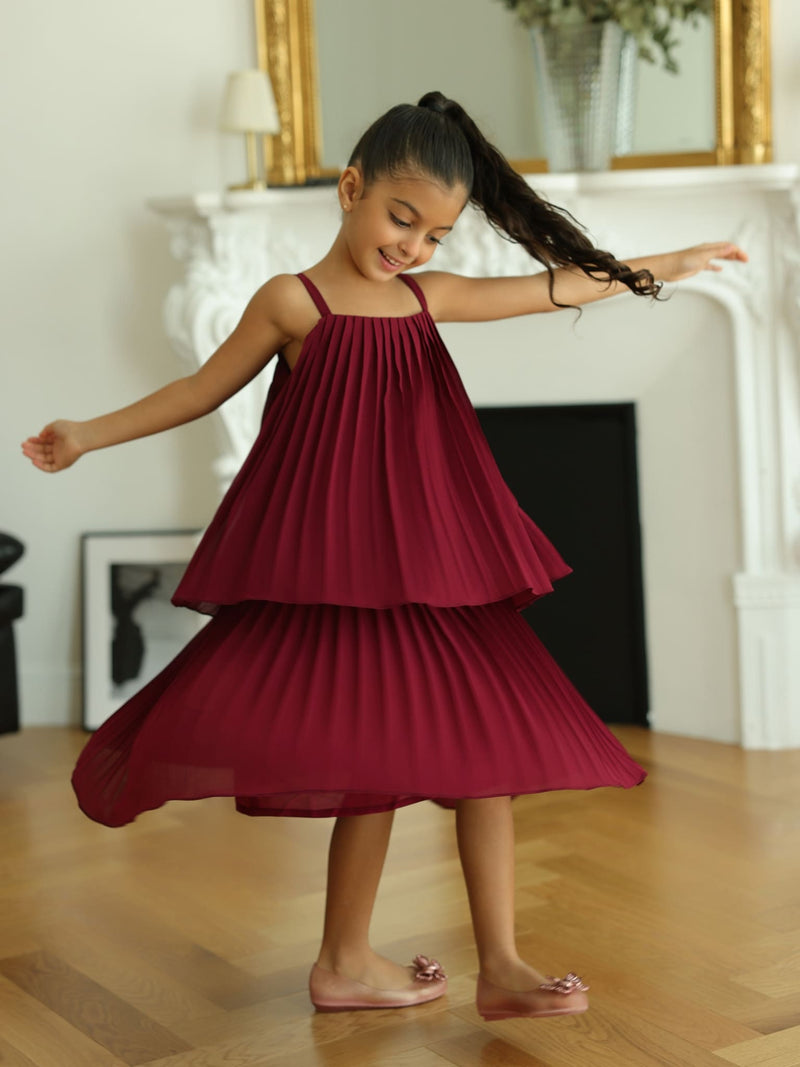 Mini Celestine Maroon Pleated Dress For Girls