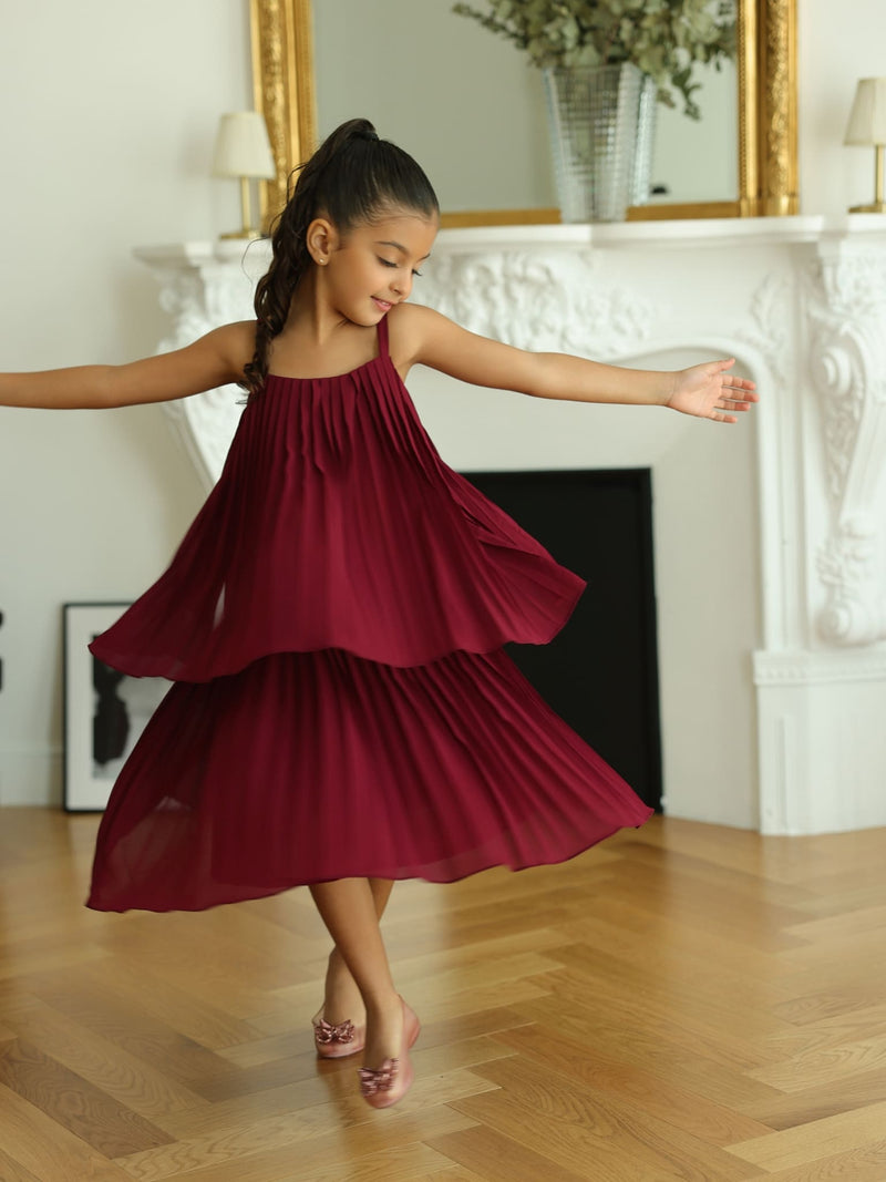 Mini Celestine Maroon Pleated Dress For Girls