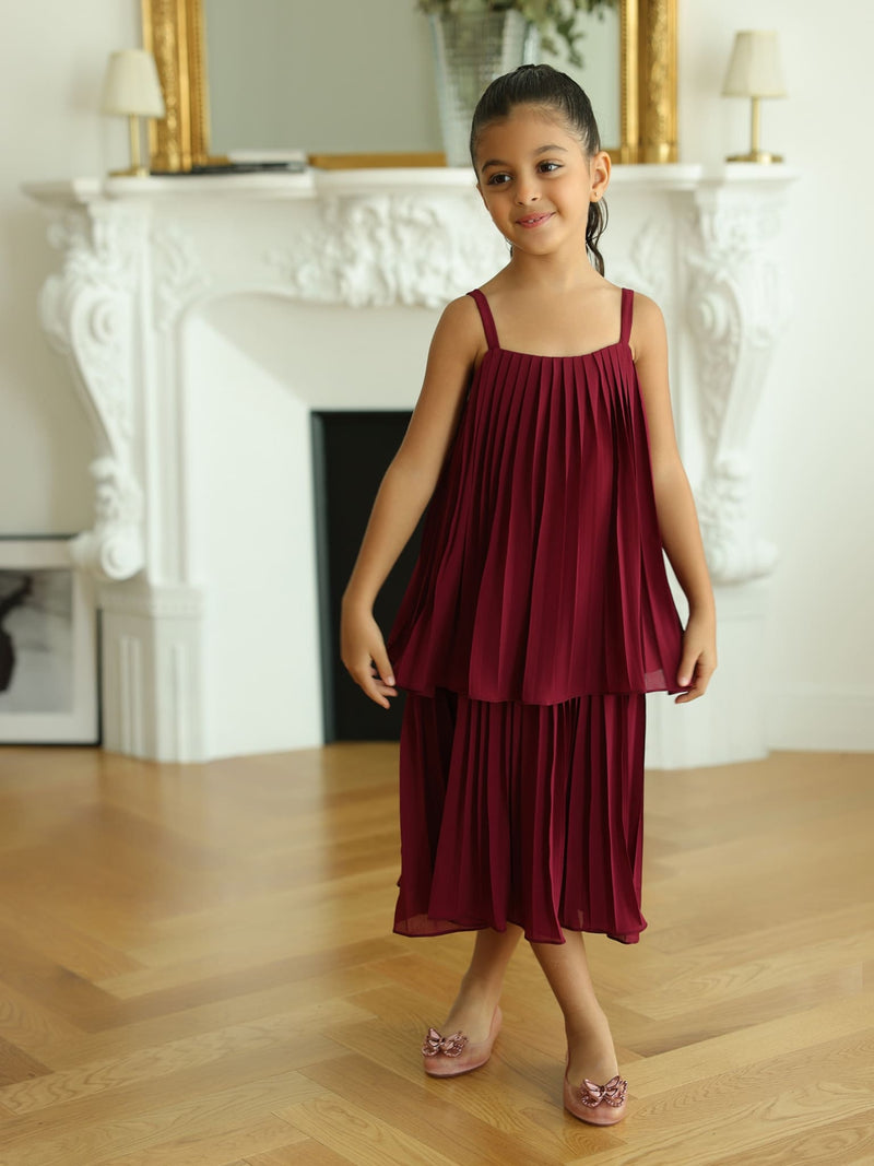 Mini Celestine Maroon Pleated Dress For Girls