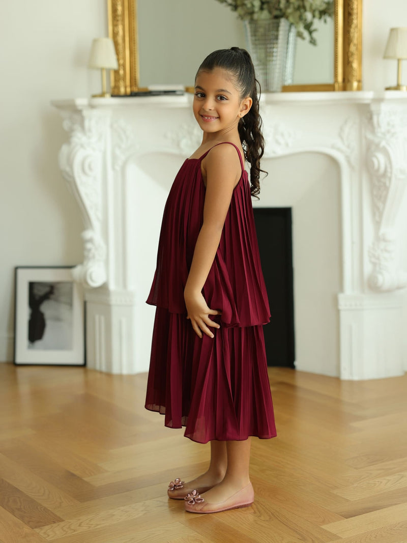 Mini Celestine Maroon Pleated Dress For Girls