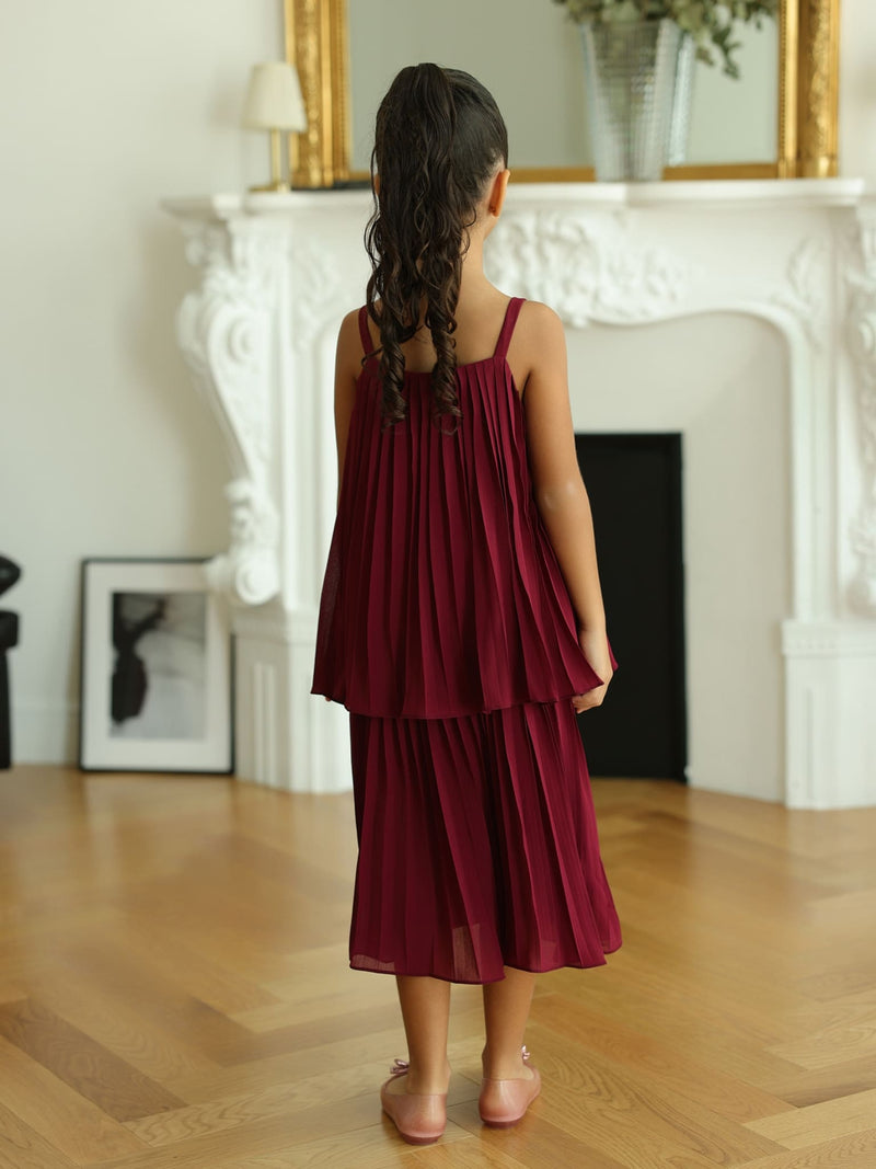 Mini Celestine Maroon Pleated Dress For Girls