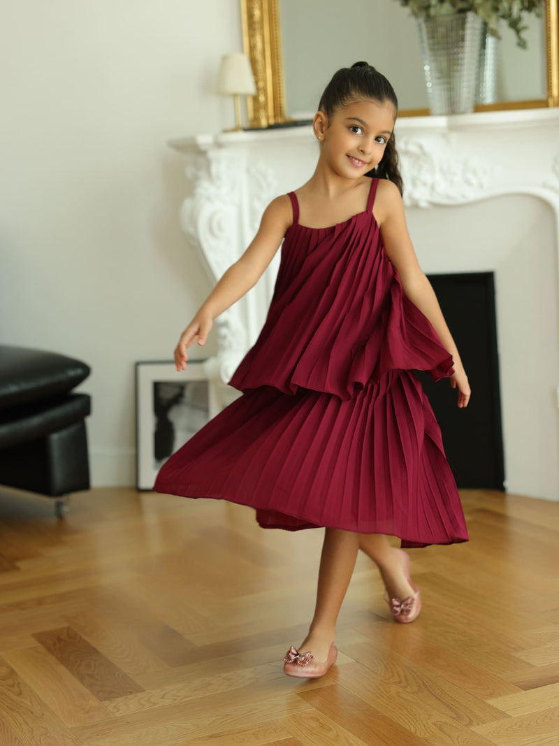 Mini Celestine Maroon Pleated Dress For Girls
