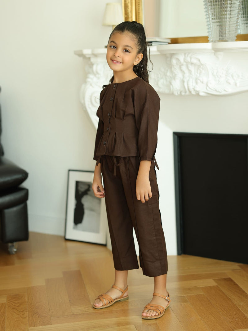 Mini Henley Brown Co Ord Set For Girls