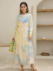 Daylin Floral Blue And Yellow Drape Long Dress