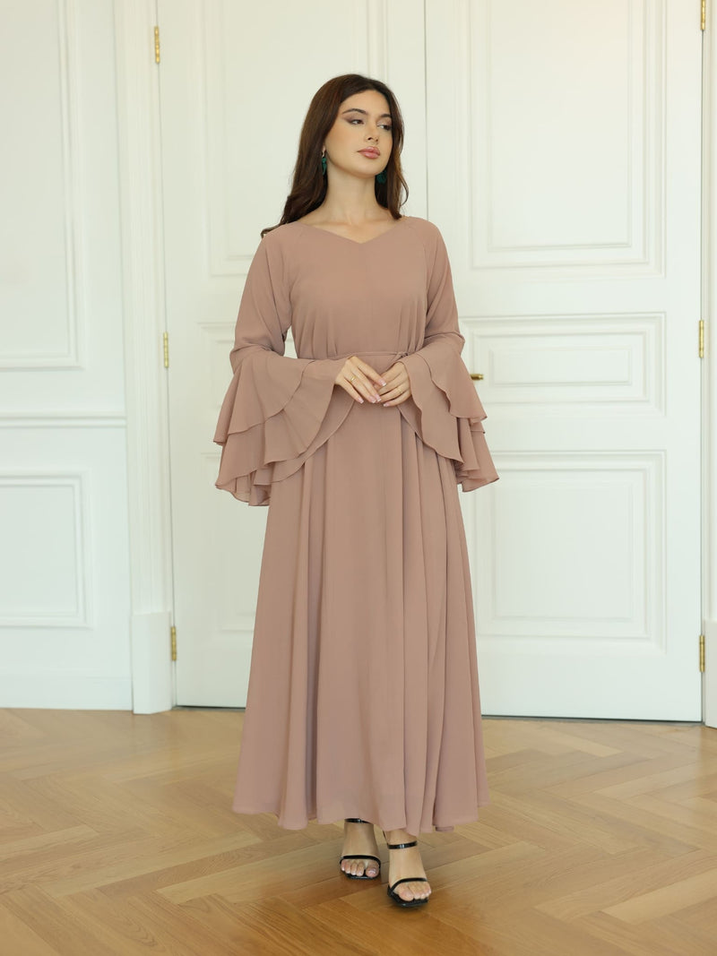 peach chiffon dress with sleeves Peach Downton Abbey chiffon dress with flutter sleeves
