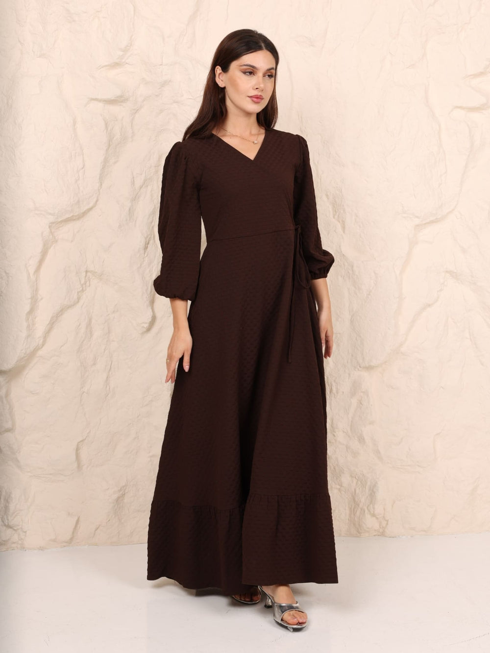 Brown Textured Long Dress