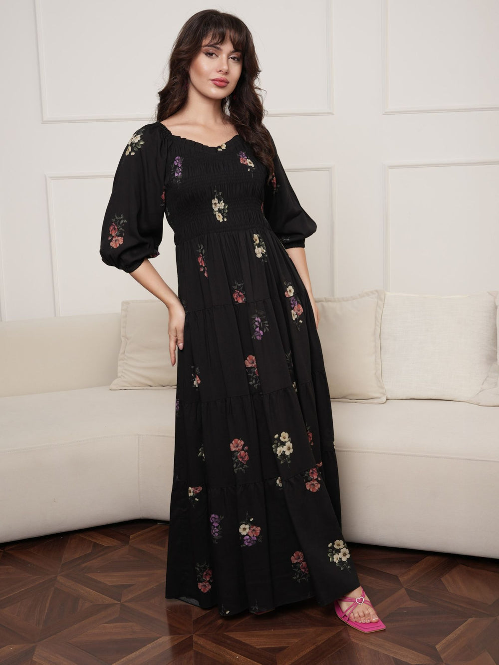 Ines Smock Black Printed Dress