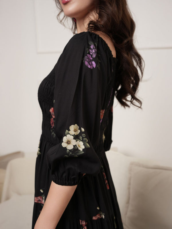 Ines Smock Black Printed Dress
