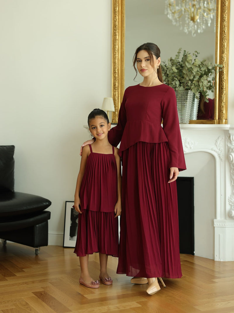Mini Celestine Maroon Pleated Dress For Girls